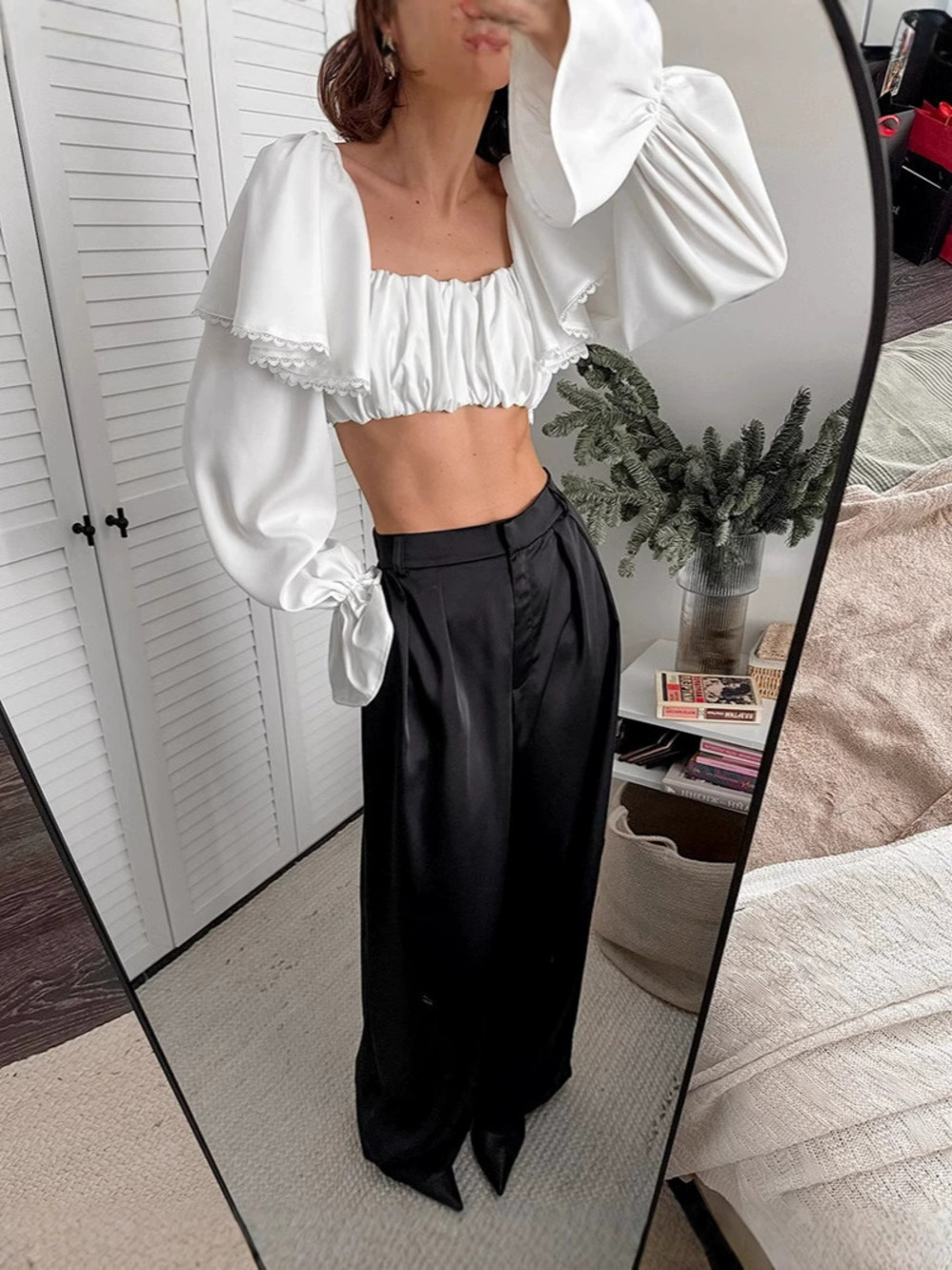 Zara White Cropped Patchwork Ruffle Pullover Blouse Spring - Picture 3 of 5